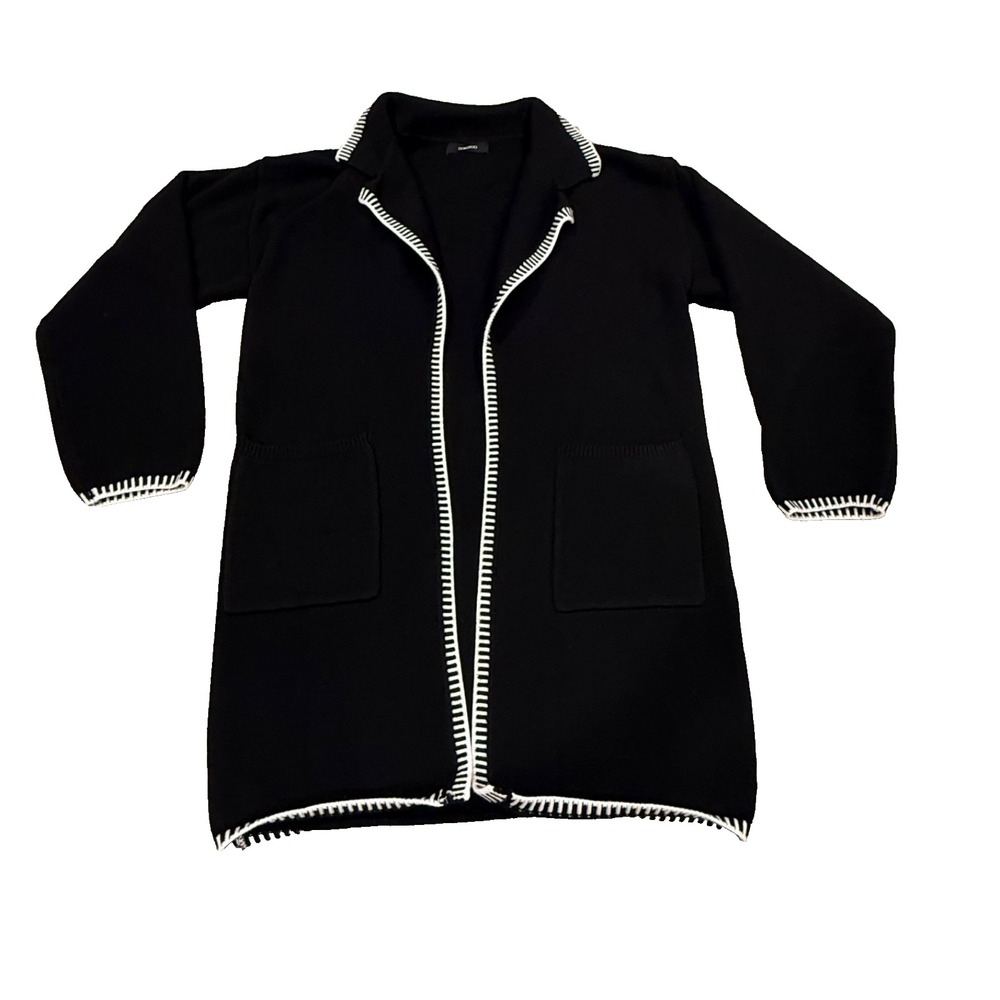 Women's‎ Long Open Cardigan Sweater; Black w/ White Hemstitch; Pockets; Size Med